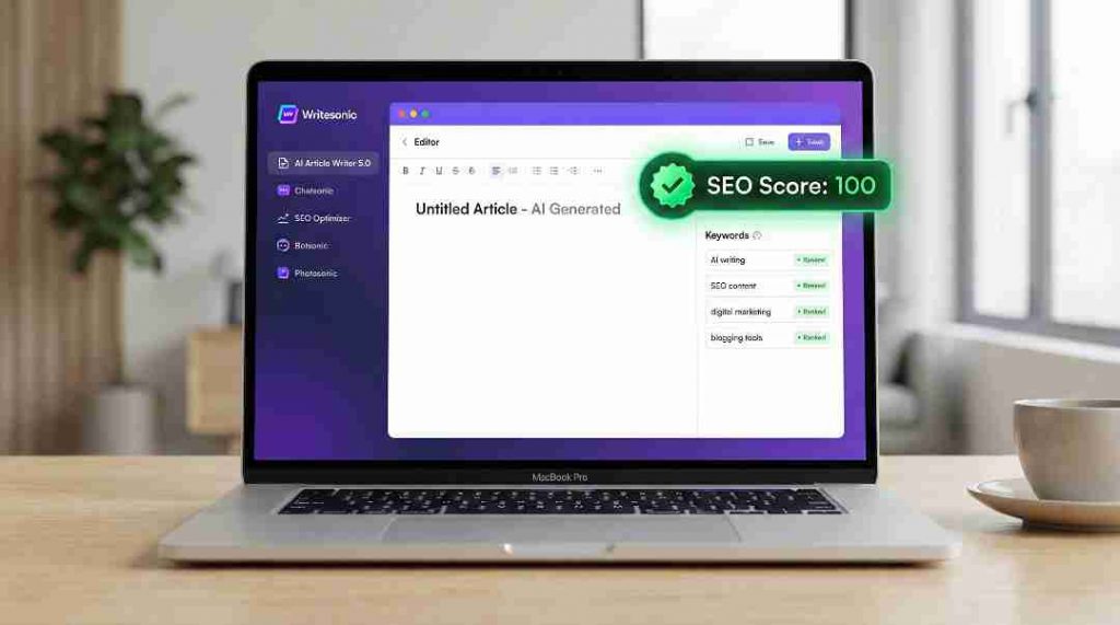 Writesonic AI writing dashboard showing SEO optimization tools and article scoring features.
