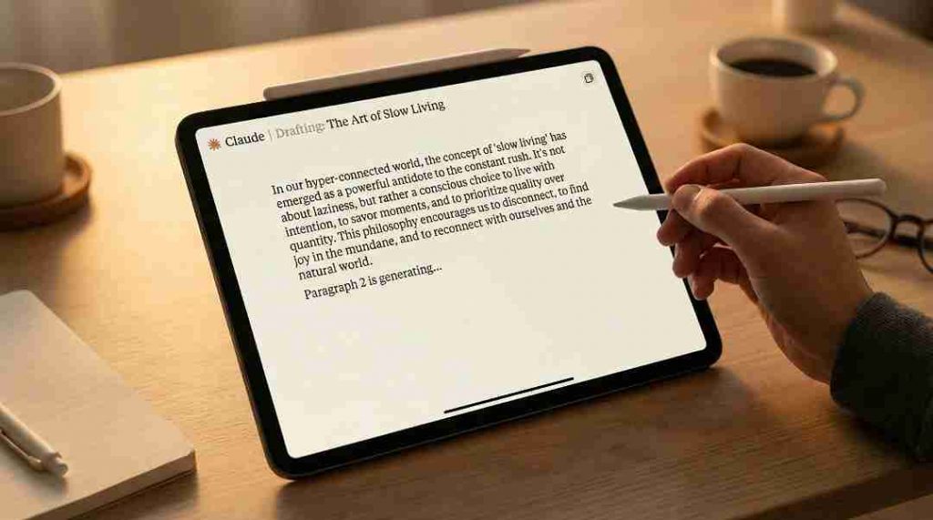 Claude 3.5 Sonnet AI interface on a tablet drafting human-like long-form blog content.
