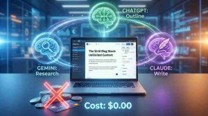 A futuristic digital illustration of Best Free AI Tools for Blog Writing, showing Gemini for research, ChatGPT for outlining, and Claude for writing, all for zero cost.