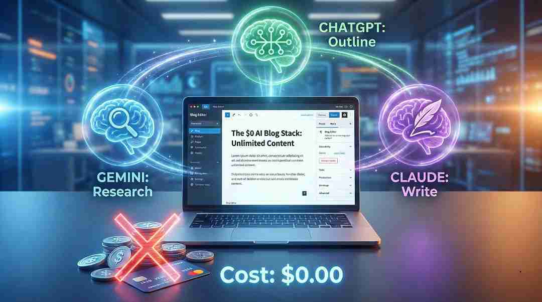 A futuristic digital illustration of Best Free AI Tools for Blog Writing, showing Gemini for research, ChatGPT for outlining, and Claude for writing, all for zero cost.