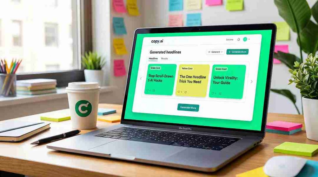 Copy.ai interface generating catchy blog headlines and social media hooks for content marketing.
