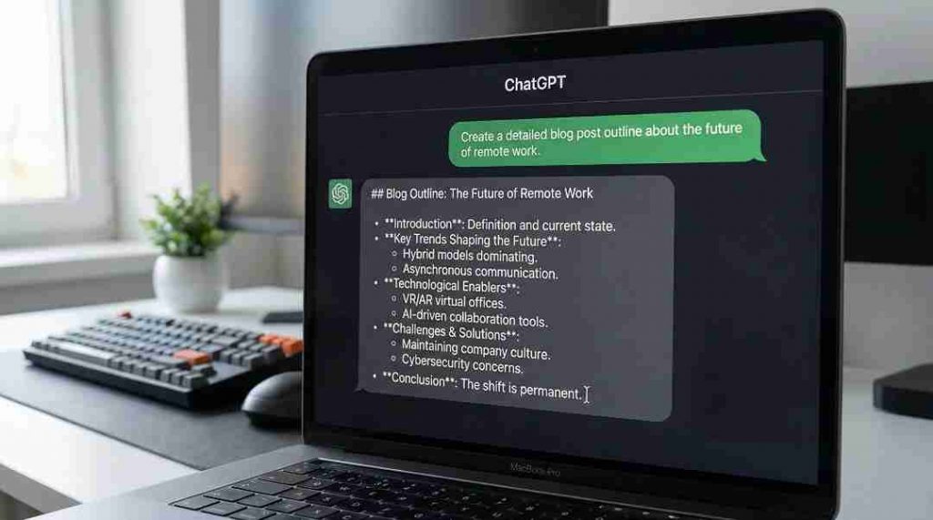 ChatGPT interface on a laptop screen generating a structured blog post outline for free.