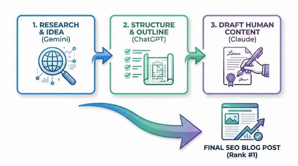 An infographic diagram showing the 3-step free AI stack strategy for blogging: Step 1 Research with Gemini, Step 2 Outline with ChatGPT, and Step 3 Draft with Claude.